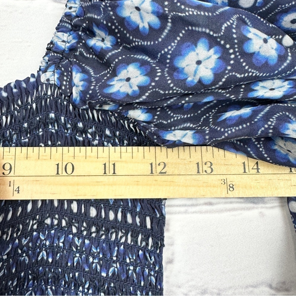 Hale Bob Ilona Silk Chiffon Maxi Dress Floral Small Navy Smocked Puff Sleeve - Picture 14 of 16
